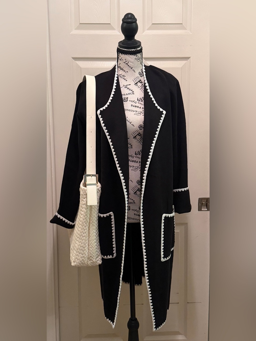 Black Open-Front Cardigan Sweater with White Trim
